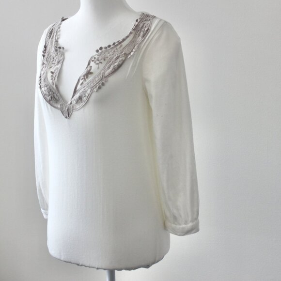 Billabong Vintage Y2K Cotton Off-White Lace V-Neck Long-Sleeve BlouseTop Small - Picture 3 of 12